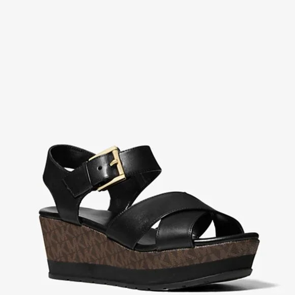 Michael Kors Neva Leather and Logo Wedge Sandal Black, Size 7.5 - Picture 1 of 3